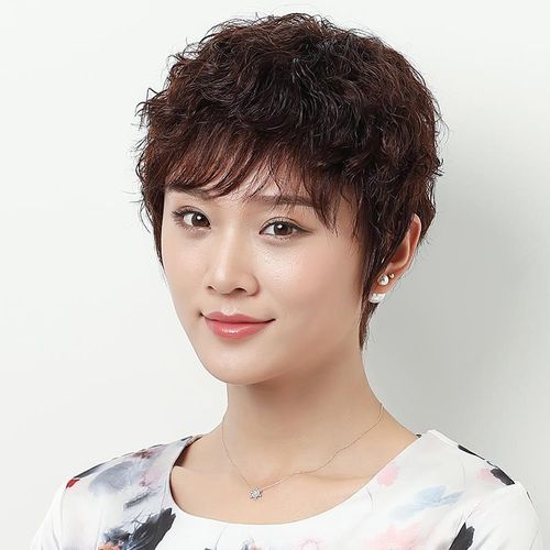 中老年假发女短发妈妈手织真发发套中年女士自然短卷发发型1220f