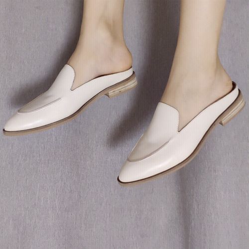 尖头复古穆勒鞋女2022春季平底包头休闲半拖鞋真皮粗跟时尚小皮鞋