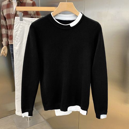 秋冬帅气拼接撞色假两件针织衫男士修身圆领韩版休闲青年百搭毛衣