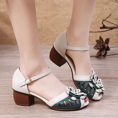 夏天凉鞋半高跟粗跟复古民族风花朵女夏季镂空扣带妈妈鞋拼色鱼嘴鞋
