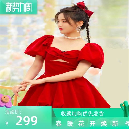 明星杨超越同款春夏法式甜美蝴蝶结泡泡袖丝绒花苞连衣裙宴会礼服