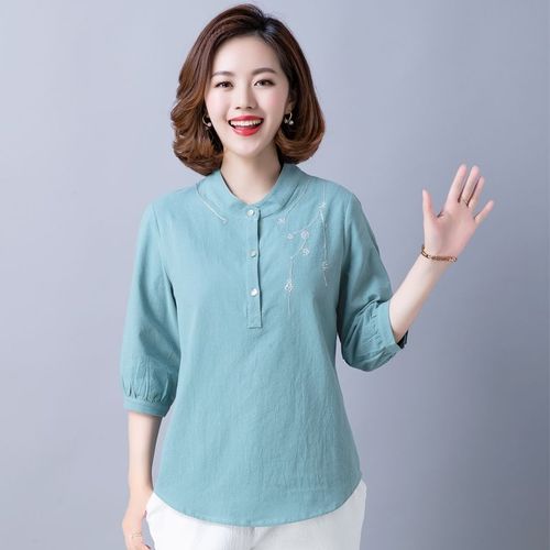 t恤50岁妈妈春装棉麻老年人夏装套装纯棉中老年长袖上衣女春秋