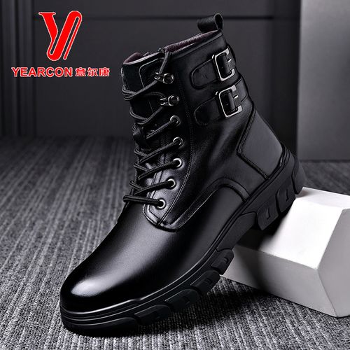 意尔康马丁靴男2021年冬季新款真皮羊毛保暖男靴厚底休闲圆头棉鞋