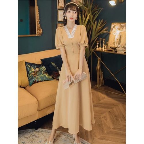 法式v领泡泡袖连衣裙女夏复古温柔气质收腰显瘦初恋设计感小众仙