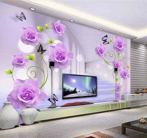 定制玫瑰电视背景墙5d简约现代客厅唯美装饰墙布3d8d影视墙贴自粘