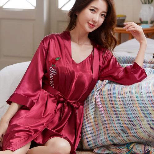 睡衣女性感冰丝薄款睡裙女夏春秋吊带睡衣睡裙两件套丝绸甜美睡袍