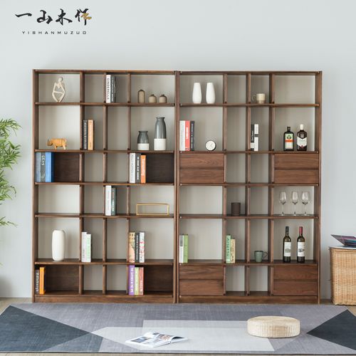 北欧全实木书架组合黑胡桃简约现代满墙落地置物架定制客厅展示柜