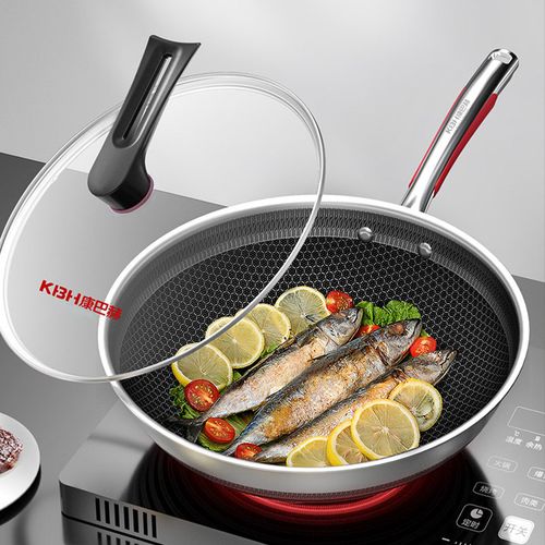 康巴赫旗舰款悦厨版炒锅316l不锈钢蜂窝防粘锅少油烟32cm平底炒菜锅