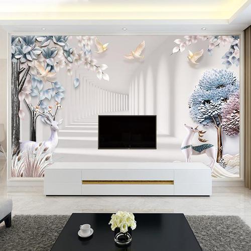 电视背景墙壁纸10d立体沙发卧室墙纸欧式16d网红麋鹿北欧壁画墙布