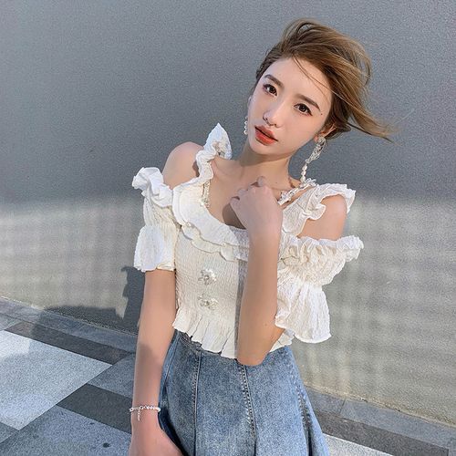 子晴2021年新款夏季设计感小众衬衫露肩上衣白色修身短款t恤女夏