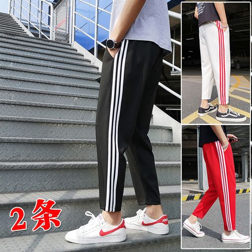 三条杠运动裤男宽松直筒春夏季薄款三道杠裤子学生校裤ins九分裤
