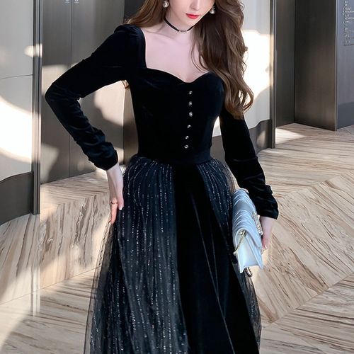 法式晚礼服气场女王高端派对宴会年会长裙2020新款黑色丝绒连衣裙