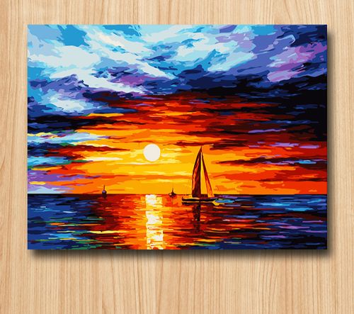 数字油画diy风景船抽象日落日出海边夕阳油彩填充填色