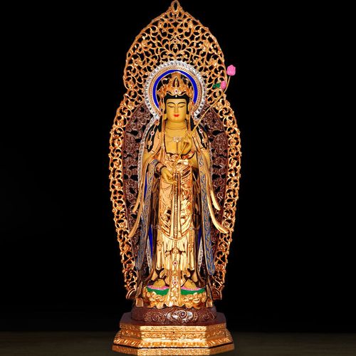 台湾全铜24k鎏金大势至菩萨佛像站像佛像供奉家用品西方三圣摆件