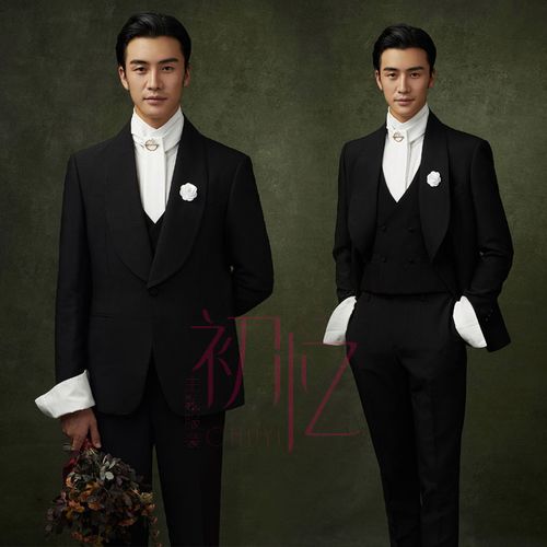 新款影楼主题拍照服装男士黑色西装旅拍三件套装时尚修身绅士西服