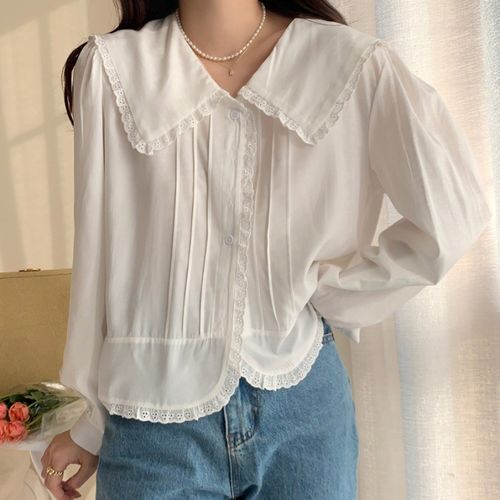 韩国chic早春甜美蕾丝花边拼接荷叶领白色衬衫女法式小众别致上衣