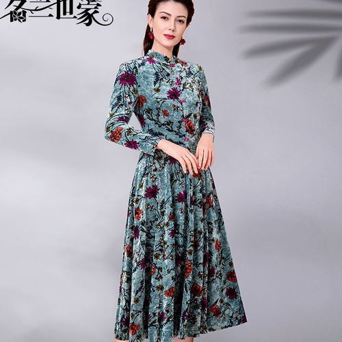 名兰世家高端妈妈装 丝绒印花旗袍式连衣裙 修身气质礼服裙长款