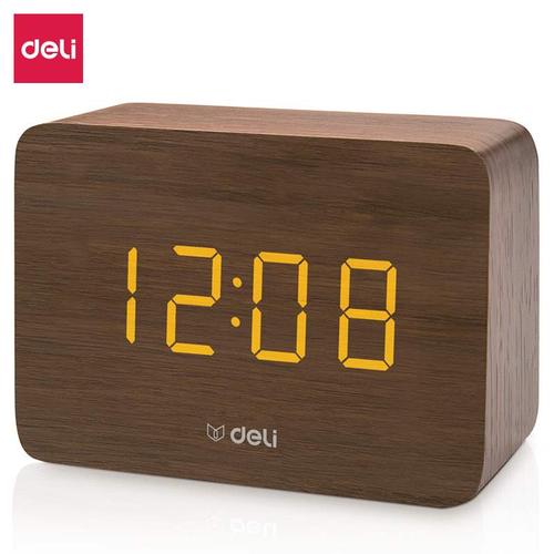 得力(deli)小号声控低噪音闹钟 木纹数字电子钟 棕色