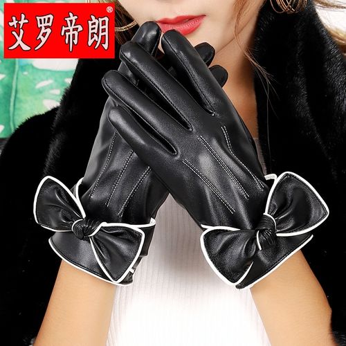 结皮手套女士秋冬季加绒加厚短款户外防水开车时尚触屏手套女 黑色 s