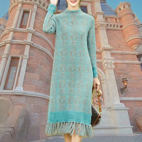 卡米兰流苏拼接针织羊毛连衣裙中长款女2020秋冬新款