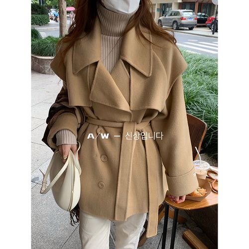 htbt定制赫本风双面羊绒大衣女短款小个子风衣款式21新款毛呢外套