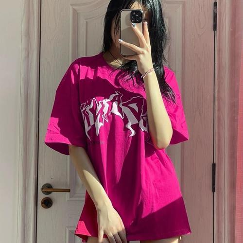 oukabuyi纯棉火龙果色印花短袖t恤衫2022夏季ins宽松男女韩版上衣