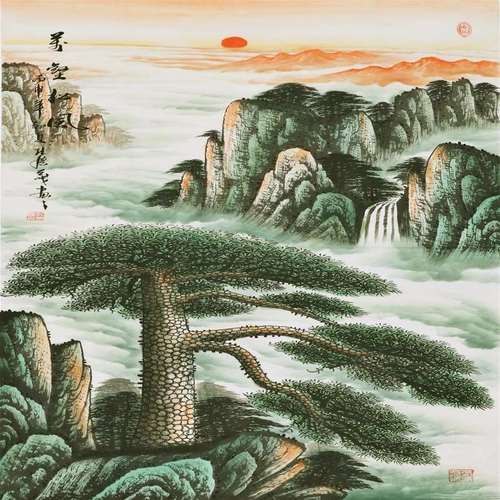 纯手绘四尺竖幅客厅写意黄山迎客松云海日出名人字画国画中国书画