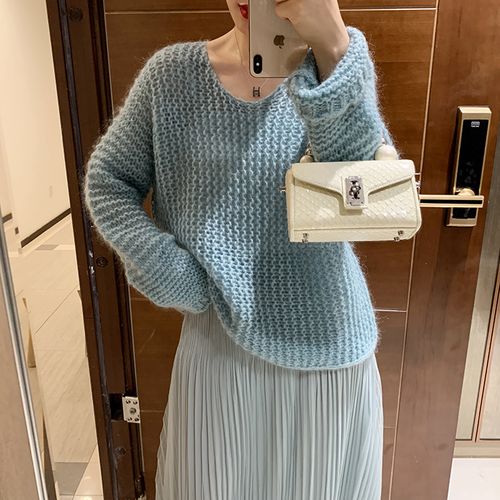 粗棒针玉米纹镂空羊毛马海毛卷边套头粗线宽松甜美套头毛衣女秋