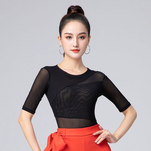 女成人连裆新款跳舞蹈服装网纱国标形体练功衣服中袖依迪筱 黑色中柚