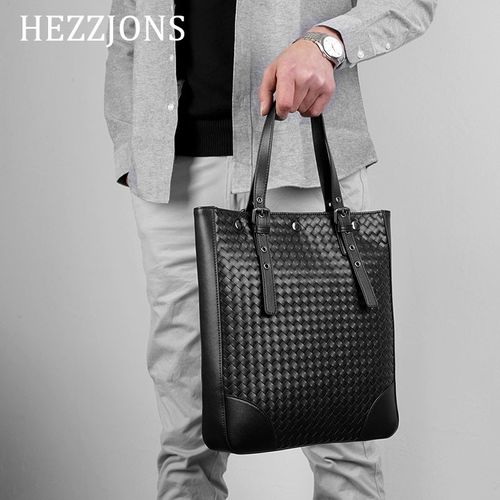 包男士手拎包商务休闲编织公文包大容量奢侈品文件包 黑色意大利牛皮