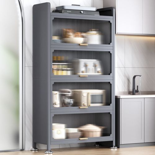 带门翻盖式置物柜新款厨房置物架落地多层收纳碗柜储物微波炉橱柜