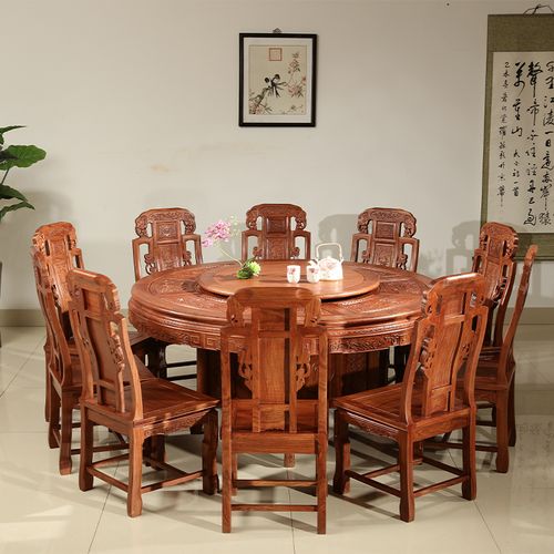 红木餐桌刺猬紫檀圆桌缅甸花梨木实木餐桌椅组合古典中式餐厅家具