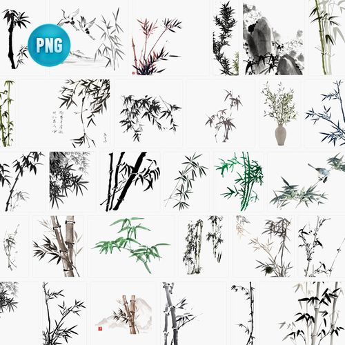 古风山水竹子水墨画水墨国潮中国风png免扣平面装饰设计素材
