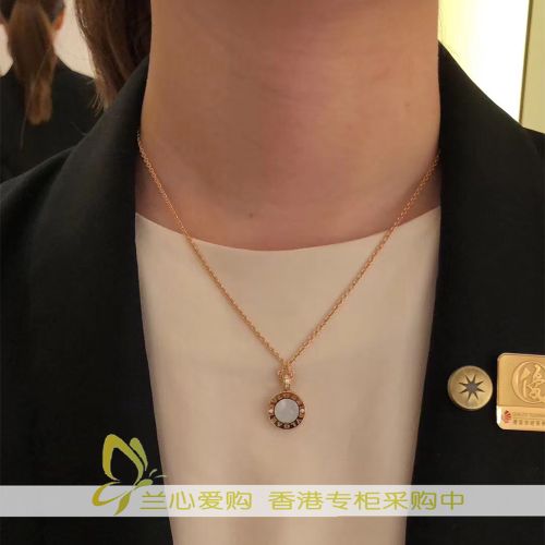 香港代购bvlgari宝格丽圆饼项链女黑白贝母双面18k玫瑰金吊坠镶钻