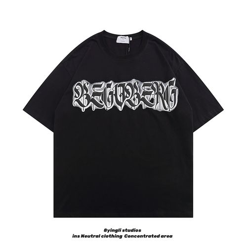 ins美式复古街头做旧梵文字母印花短袖宽松百搭潮牌情侣t恤男女款