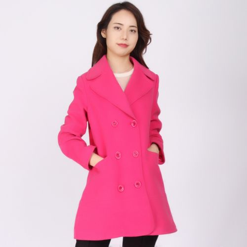 白翎风采毛呢外套女玫红色长袖西装领双排扣宽松2020