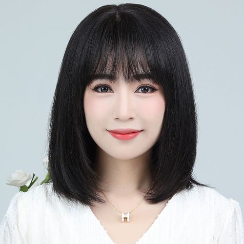 假发女长发中长发中长直发逼真空气刘海锁骨发圆脸真人发丝全头套