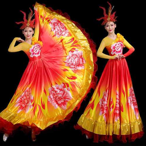 开场舞大摆裙演出服女大合唱服长裙广场舞连衣裙现代舞蹈服装长袖