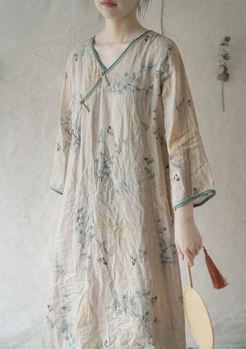 中国风斜襟盘扣禅意茶服印花改良苎麻旗袍连衣裙茶艺师服装早秋装