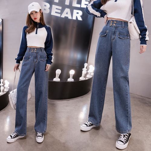 2019秋冬牛仔裤新款高腰牛仔裤韩版女生高腰直筒裤纽扣牛仔裤女装