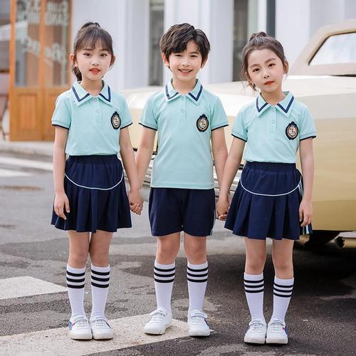 男女童蓝绿色短袖polo衫运动校服套装六一幼儿园服小学生班服夏季
