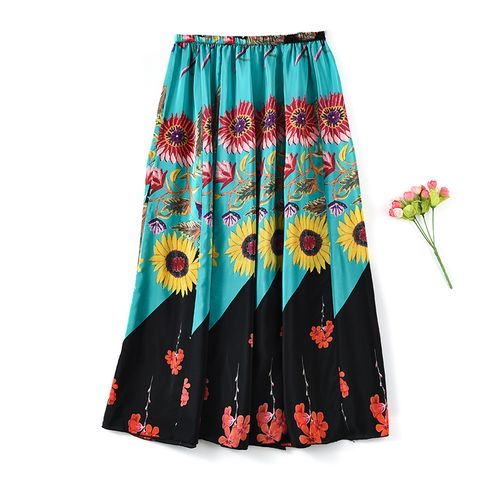 波西米亚风真丝半身裙新款夏季女拼接大摆裙桑蚕丝海滩旅游裙伞裙