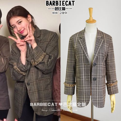 裴秀智韩国明星同款格子小西装女中长款百搭西服外套