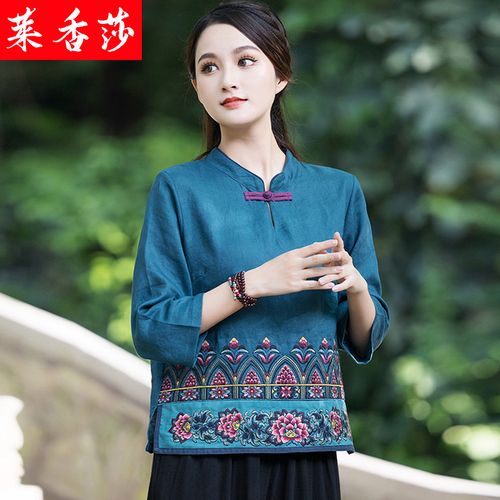 民族风绣花亚麻七分袖t恤女春秋中国风复古唐装立领盘扣棉麻上衣