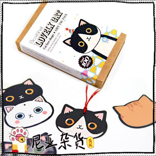 韩国创意可爱猫咪卡片套装 异形书签 小卡 书签100个 一根红绳