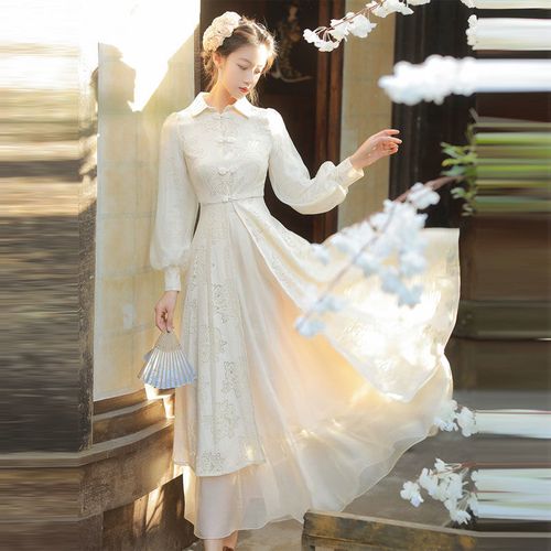 民国风古典女装大小姐宫廷风早秋小洋装套装连衣裙领证小白裙礼服