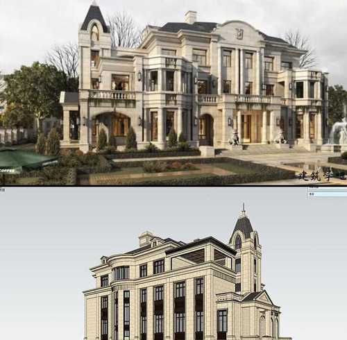 欧式法式独栋别墅豪宅钟塔建筑老虎窗罗马柱门廊草图大师su模型