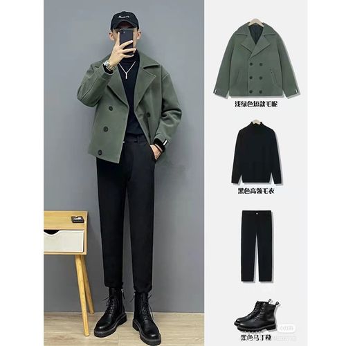 【抖音同款】套装小红书潮男秋冬穿搭2021新款呢子加厚夹克短款风衣男