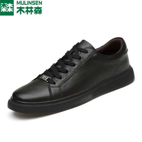 木林森 板鞋男鞋小白鞋休闲平板鞋网红真皮男士百搭透气休闲潮鞋 黑色