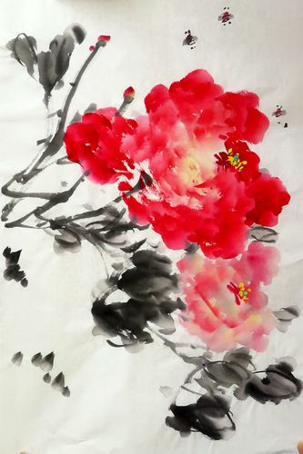 【墨香村】特价中堂国画纯手绘花鸟四尺三开牡丹富贵图md10417196
